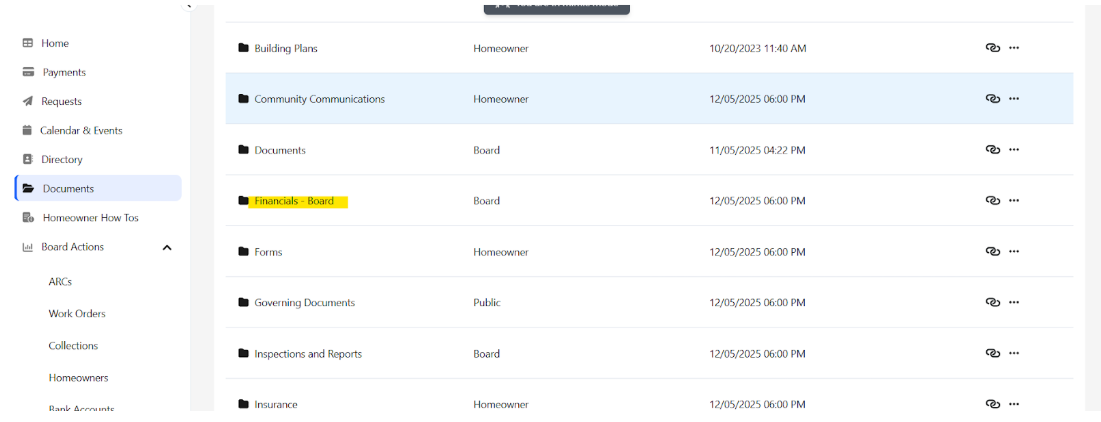 Homeowner Vantaca Portal - Financials Board folder