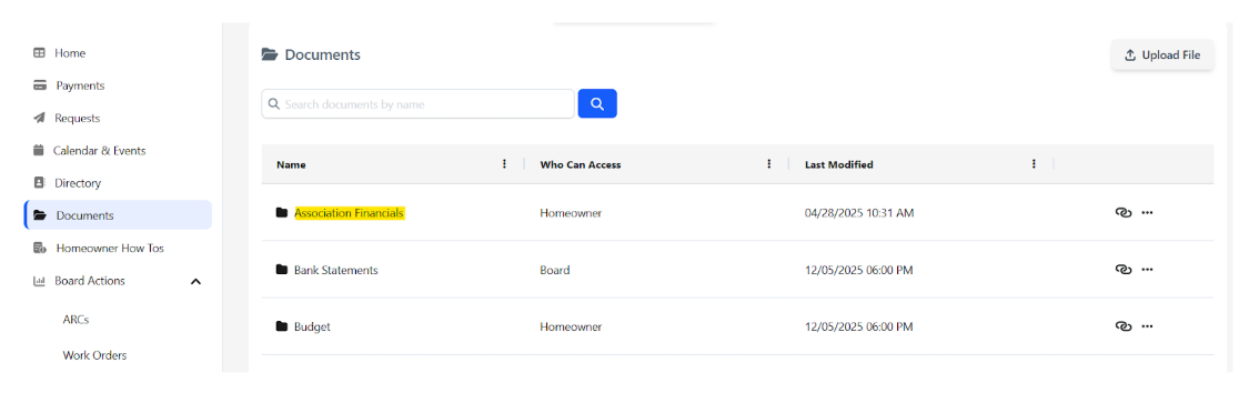 Homeowner Vantaca Portal - Association Financials folder